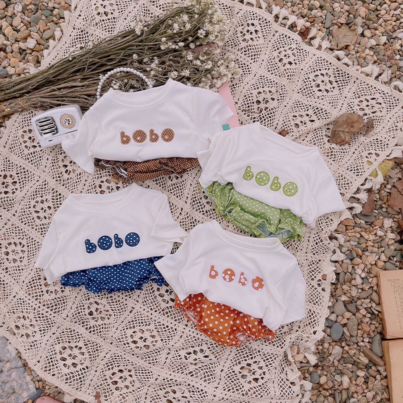 Set bộ nhí áo thun gân BoBo phối quần chip phồng chấm bi tone màu vintage đáng yêu cho bé gái