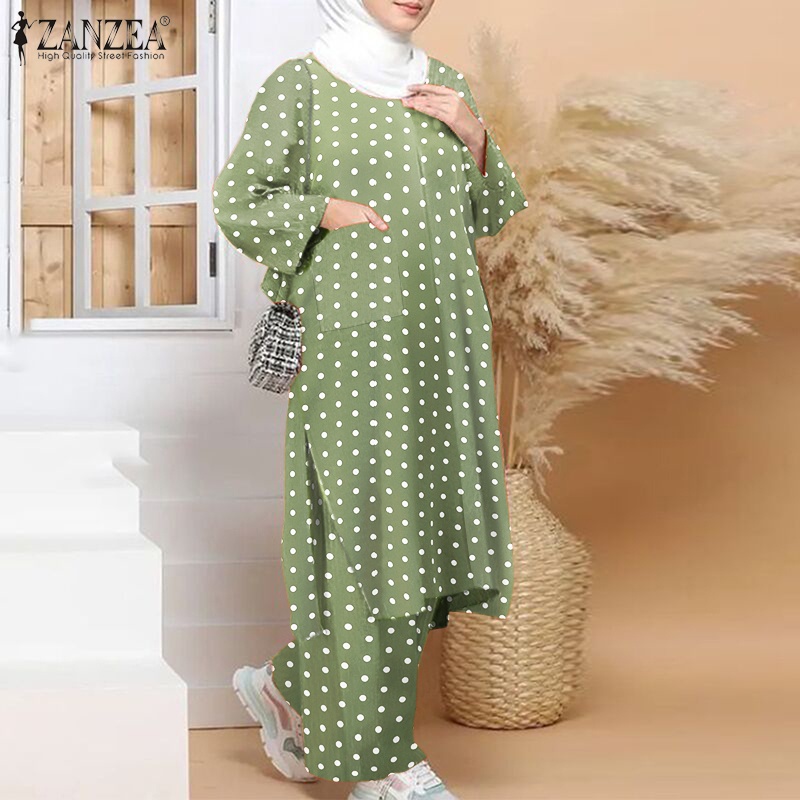 Set áo dài xẻ tà và quần dài Zanzea họa tiết chấm bi giản đơn thời trang cho nữ