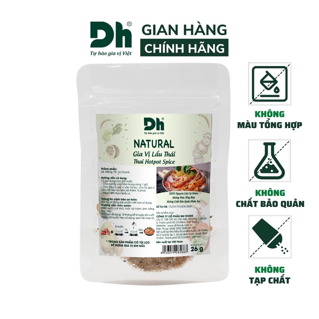 Gia vị nấu lẩu thái Natural DH Foods nêm sẵn thành phần tự nhiên gói 26gr - DHGVT100