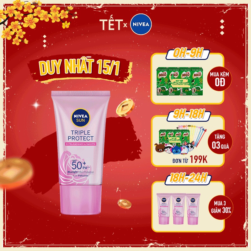 Kem Chống Nắng Dưỡng Da Sáng Mịn NIVEA SUN Triple Protect Extra Radiance &amp; Smooth SPF50+ PA+++ 40ml - 85536