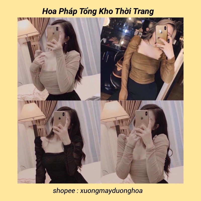 Áo lưới nhún cổ vuông xinh xắn dễ mặc (ảnh thật shop chụp )