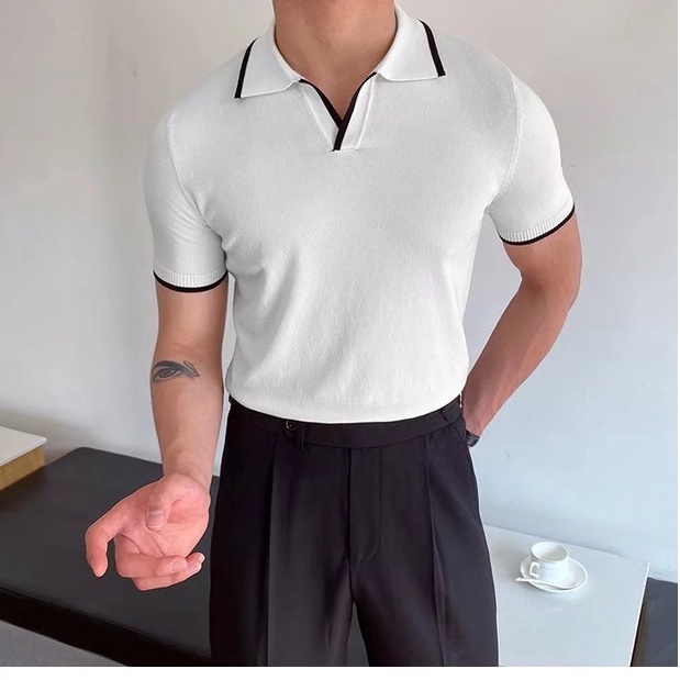 Áo Thun Nam Cotton Dệt Kim Tay Ngắn Dáng Ôm Màu Trơn Xếp Ly Co Giãn Thời Trang Cho Hàn Quốc bigsize áo phông polo unisex