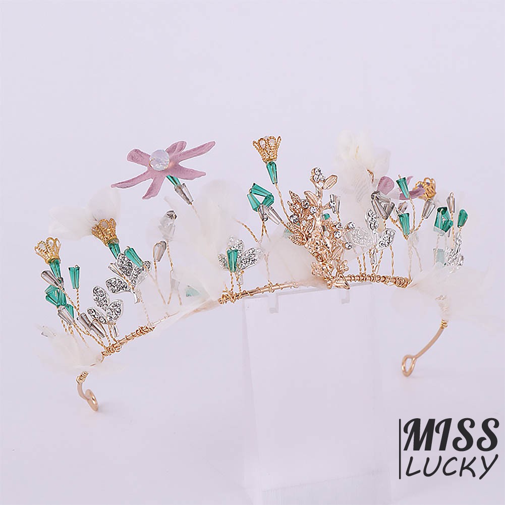 Băng đô cài tóc trang trí hoa lụa đính đá xinh xắn cho cô dâu