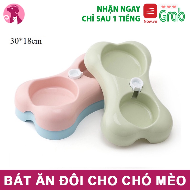 Bát ăn (Khay ăn) đôi hình khúc xương có nút gắn bình nước bằng nhựa cho chó mèo Vietpet Full màu