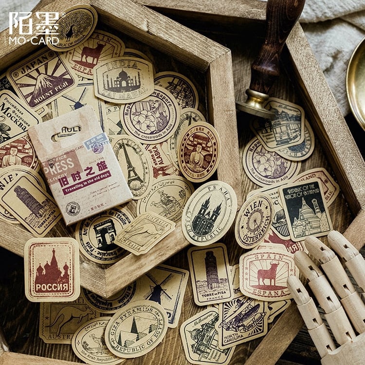 Hộp 46 sticker vintage travelling Địa Danh trang trí sổ tay, planner Góc Nhỏ Của Cỏ