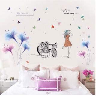 Decal dán tường cô gái kết hợp hoa pha lê hồng tím