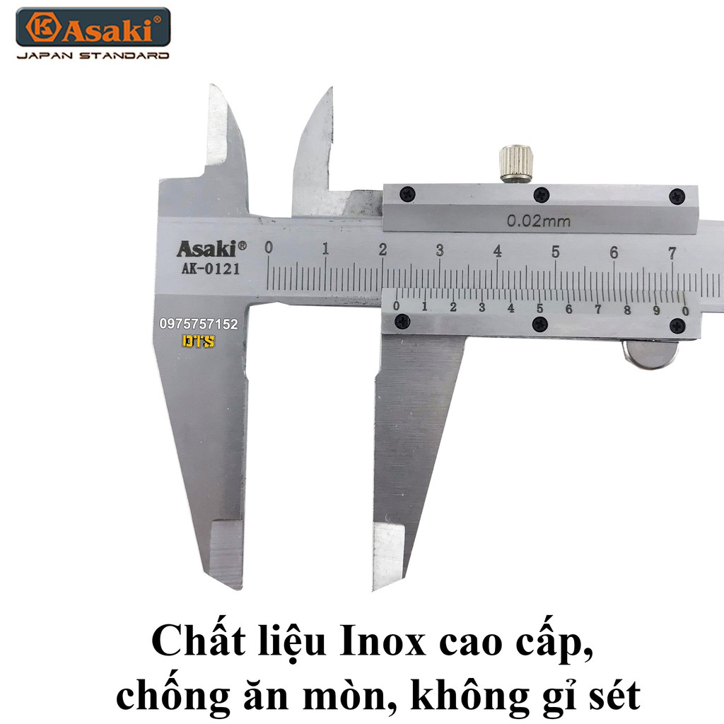 Thước cặp cơ khí Inox Asaki , độ chính xác cao, dung sai 0.02mm (Thước kẹp cơ Asaki) - Chính hãng