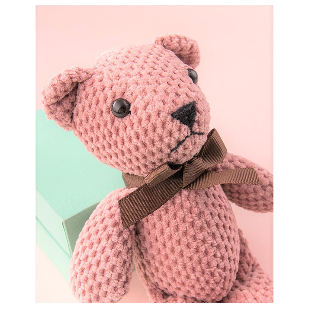 Gấu bông Teddy đan len, gấu teddy bông 18cm quà tặng nhồi bông, phụ kiện trang trí (Hồng/Xám)