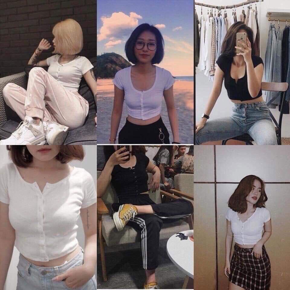 Áo croptop tay ngắn, áo thun dáng ôm cổ tròn cúc cài màu đen/trắng CT008