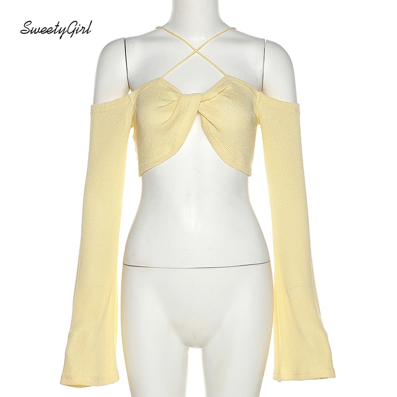 Áo Dệt Kim Tay Dài Hở Vai Màu Trơn Thời Trang 2022 Dành Cho Nữ