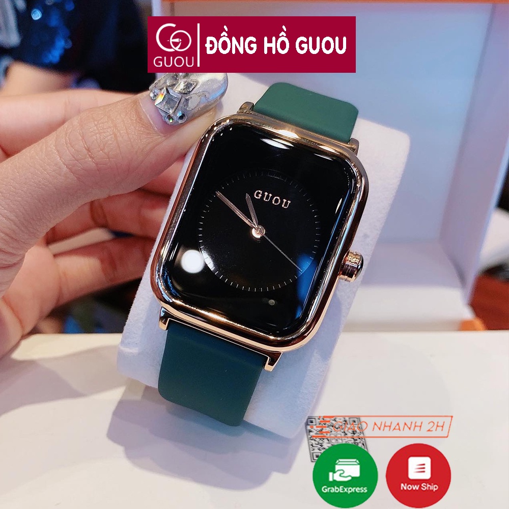 Đồng hồ đeo tay nữ Guou dây apple watch mặt vuông chính hãng silicon đẹp mạ vàng thời trang 8162