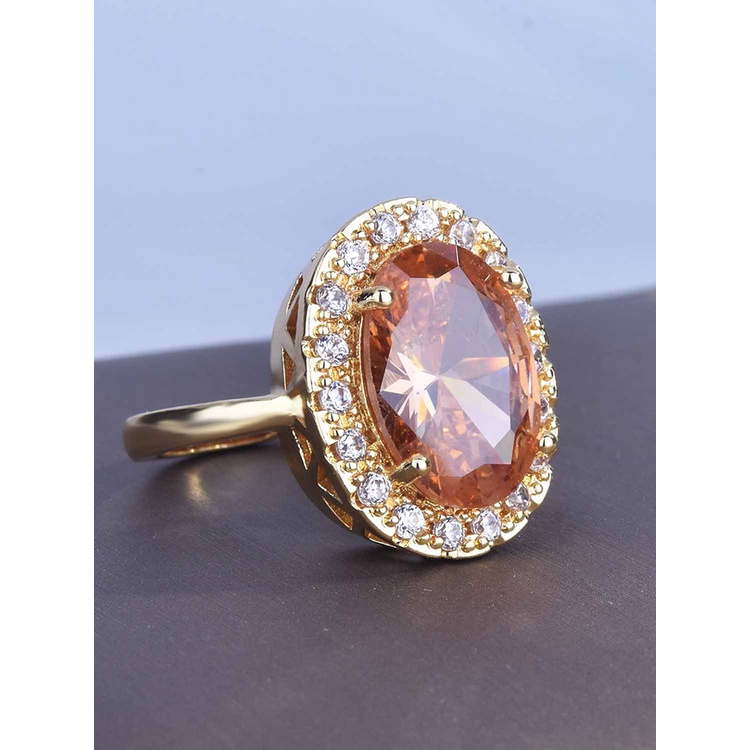 Nhẫn đính hôn đính đá zircon hình oval lớn màu vàng đồng phong cách vintage sang trọng cho nữ