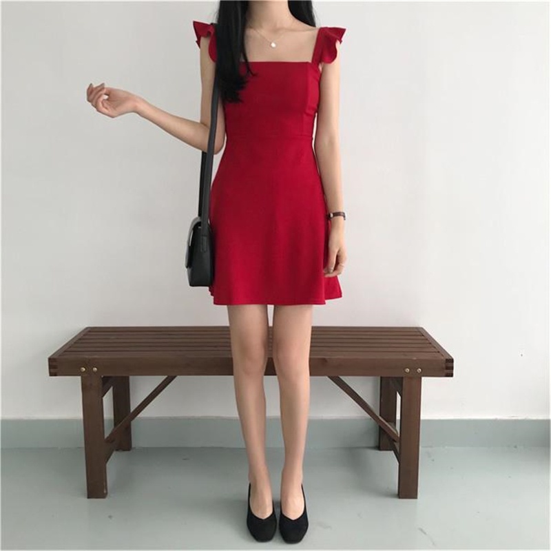 Đầm Mini Không Tay Vai Trần Nhún Bèo Màu Sắc Thời Trang Mùa Hè Quyến Rũ Cho Nữ