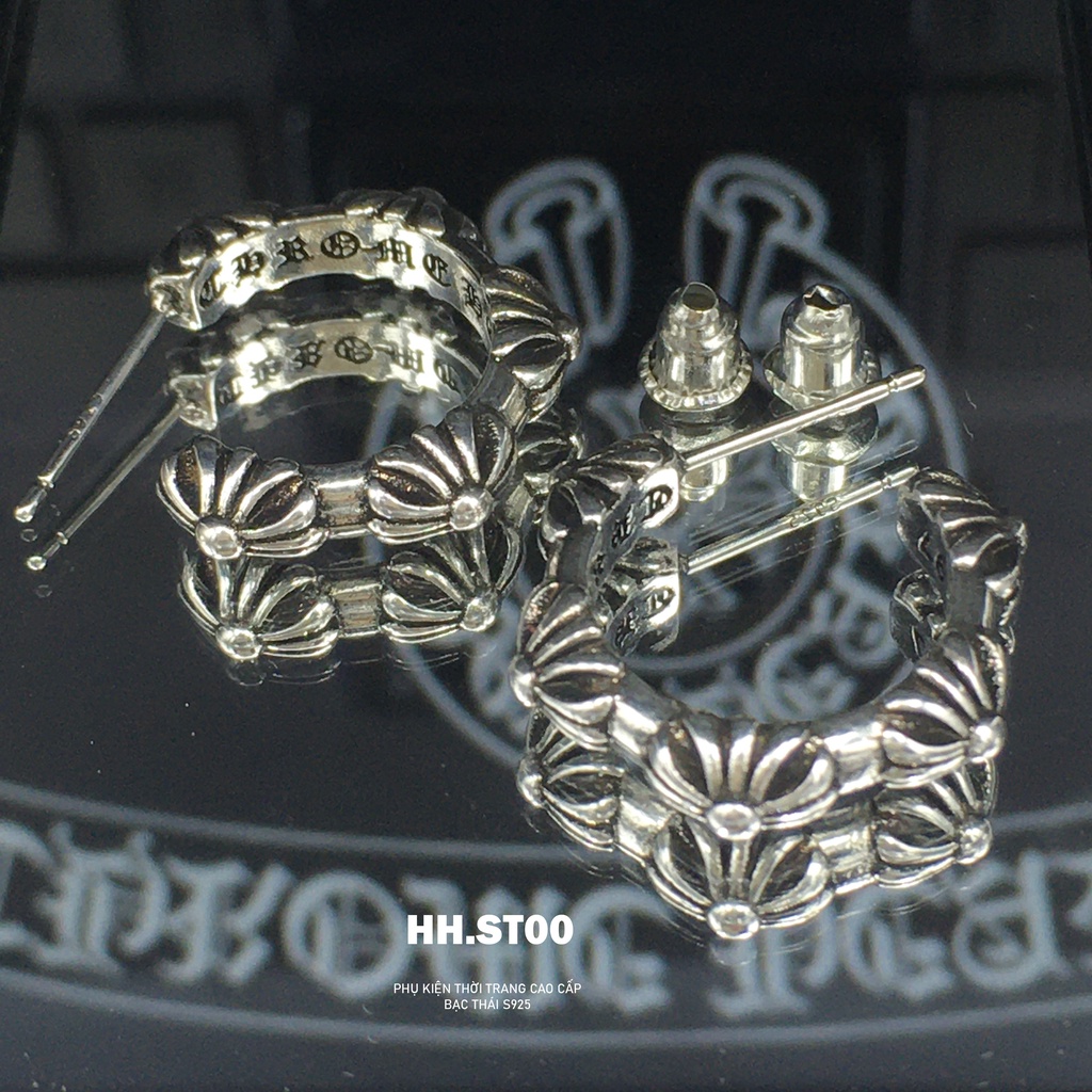 Khuyên tai Chrome heart, khuyên tai bạc tròn ,hoa tai họa tiết 5 bông nổi , Trang sức bạc cao cấp HHST00 Mã K0009