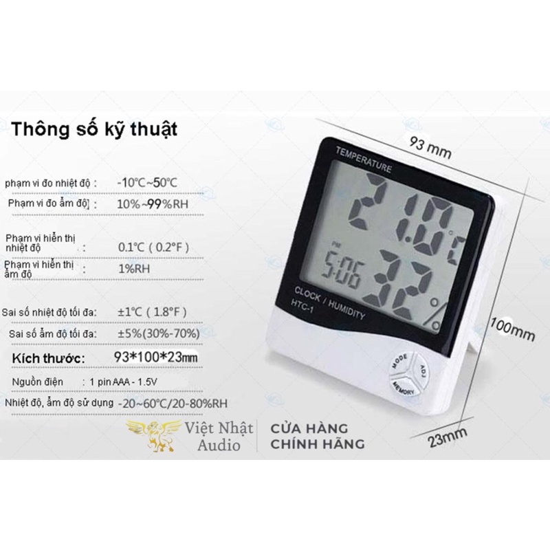[ÁP MÃ VIETVN622 giảm 20%]Đồng hồ đo nhiệt độ,độ ẩm,nhiệt ẩm kế điện tử HTC -1, báo thức, màn hình LCD