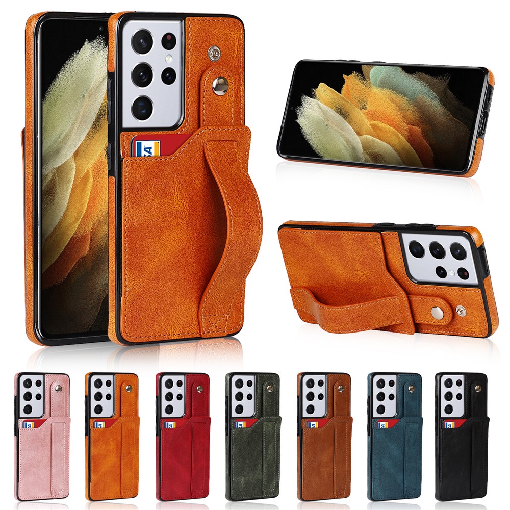 Ốp điện thoại da có giá đỡ đai đeo tay kiểu vintage +ngăn đựng thẻ cho Samsung Galaxy S21 S20 Note 20 Ultra S21 FE 5G