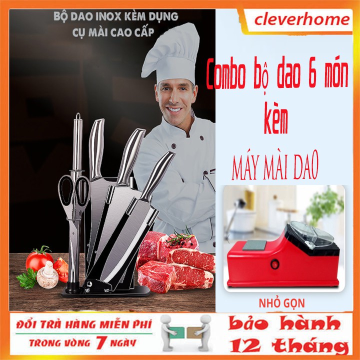 Combo Bộ dao 6 món + Máy mài dao điện đa năng gọn nhẹ tiện dụng cho gia đình