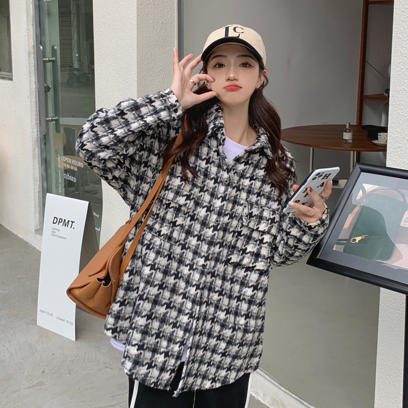 Áo Khoác Tay Dài Dáng Rộng Sọc Ca Rô Thời Trang Vintage Hàn Quốc Cá Tính