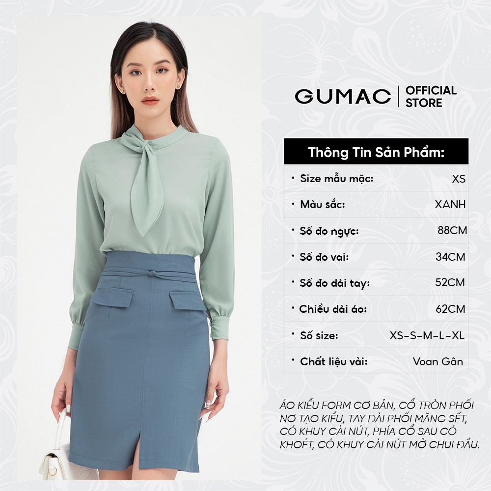 [Mã WABRGULUV giảm tới 100K đơn 249K] Áo sơ mi nữ cổ phối nơ GUMAC thiết kế công sở, thanh lịch màu xanh đủ size AB454