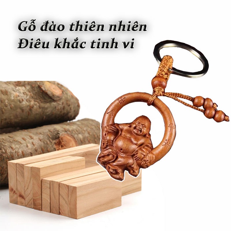 Móc khóa Phật Di Lạc gỗ đào đuổi tà khí xua tan tai họa