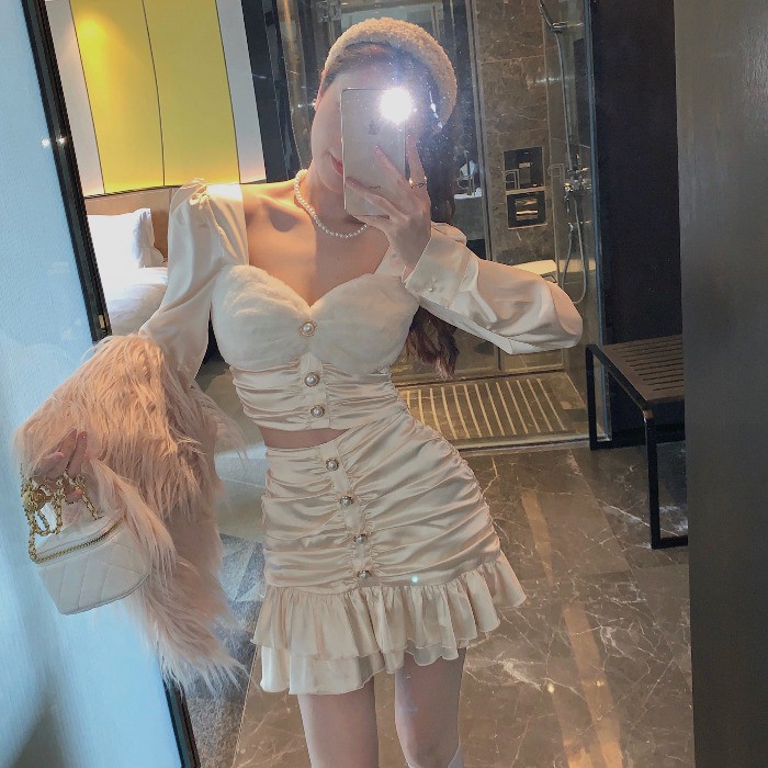 Set áo váy lụa nhún viền bèo dài tay