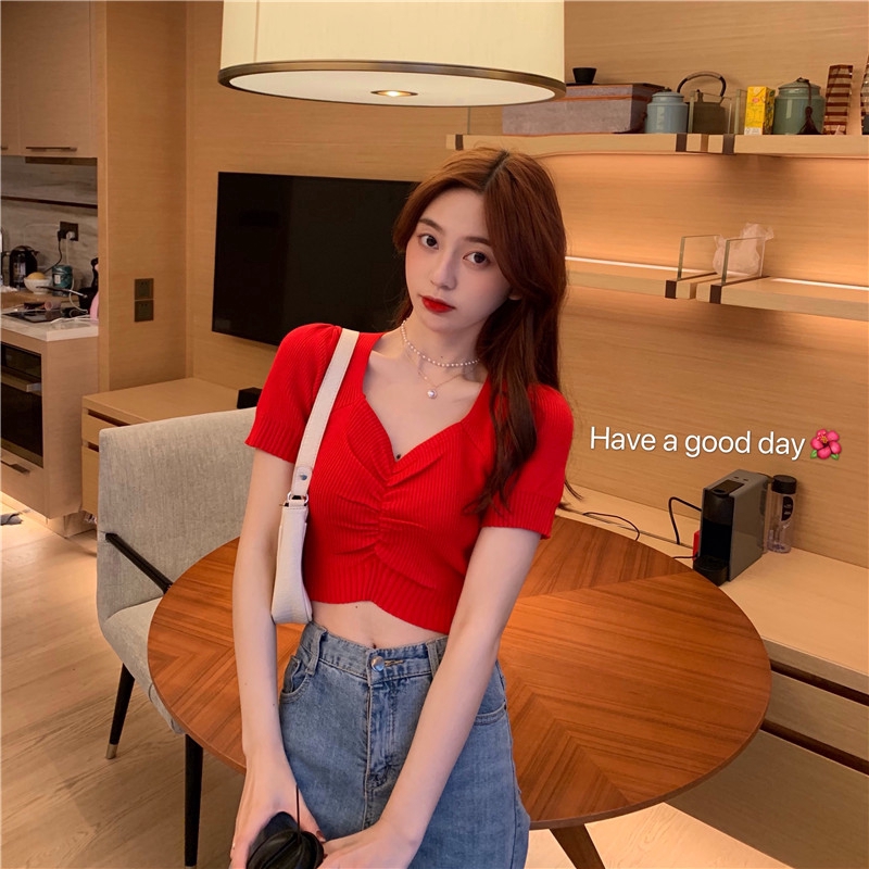 SUXI Áo dệt kim tay phồng cổ chữ v thời trang mùa hè cho nữ