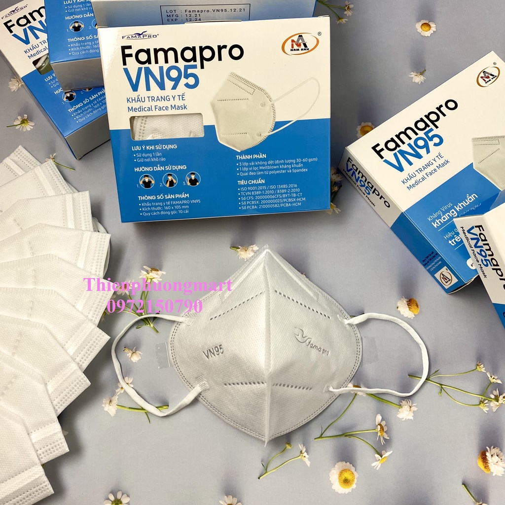 Khẩu trang VN95 FAMAPRO Nam Anh 10 cái/ hộp kháng khuẩn 8 màu Trắng / Xám / Đen / Xanh / Rêu / Hồng / Vàng Nhạt
