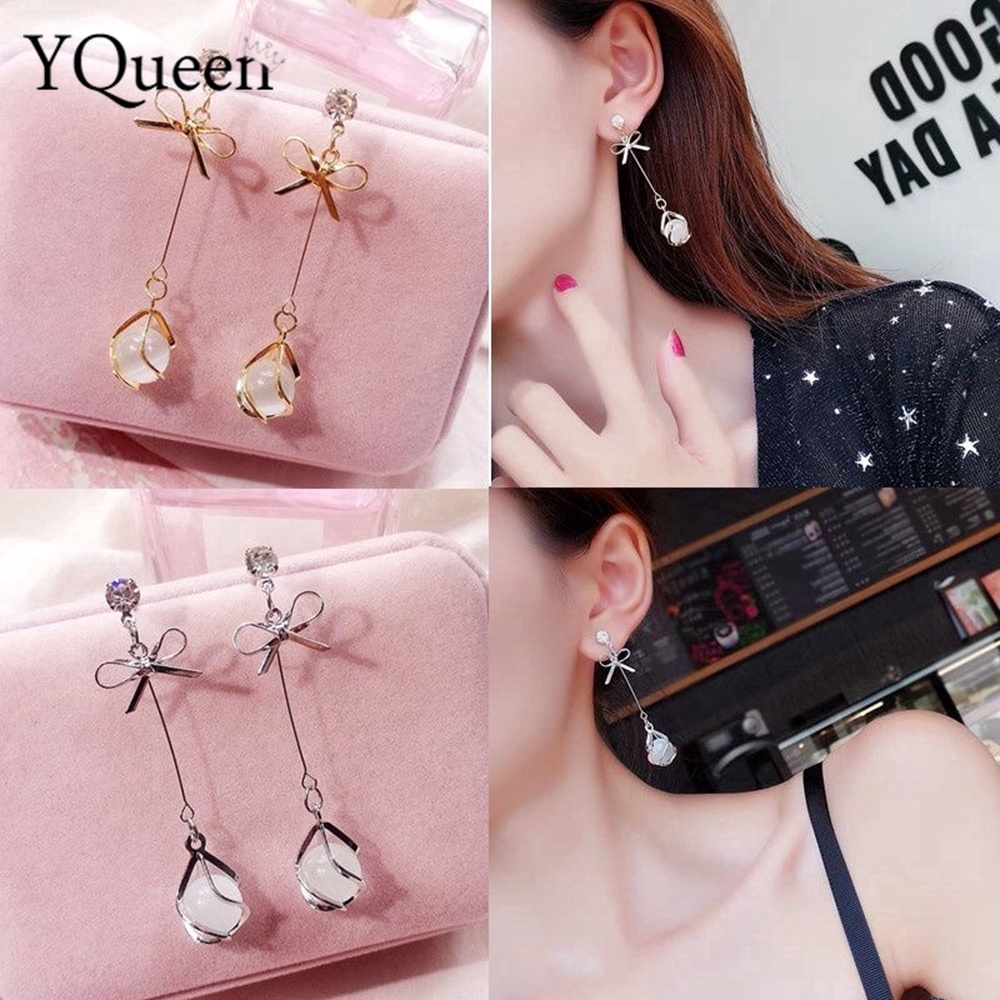 [Mã FASHIONCB7 hoàn 10K xu 50K] Bông tai dài mặt hình nơ đính đá phối hạt đá Opal trắng phong cách Hàn Quốc dành cho nữ