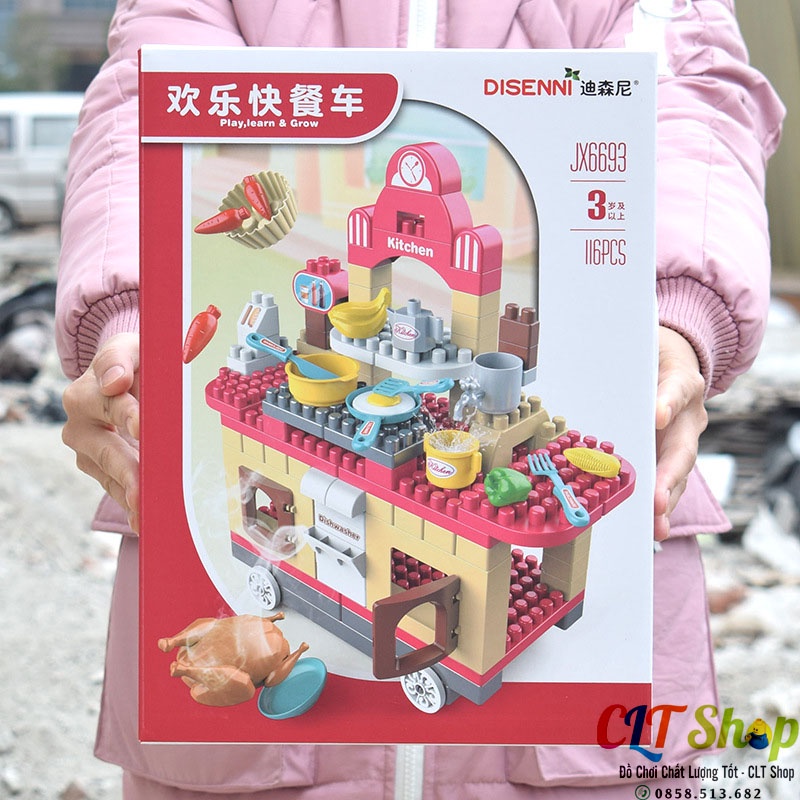 Đồ chơi xếp hình lắp ráp đồ chơi nấu ăn nhà bếp xe đẩy bán đồ ăn cho bé thông minh sáng tạo