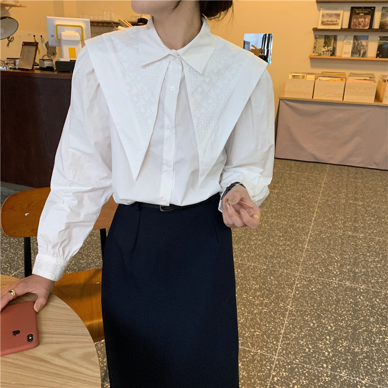 38655 Áo Sơ Mi Dài Tay Màu Trơn Thêu Hoa Văn Cho Nữ