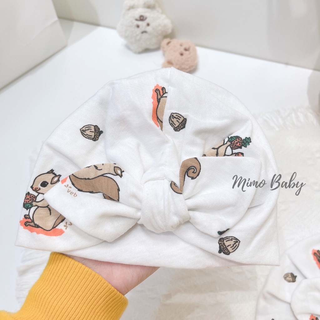 Mũ turban màu trắng họa tiết chú sóc nhỏ đáng yêu cho bé MTB99 Mimo Baby
