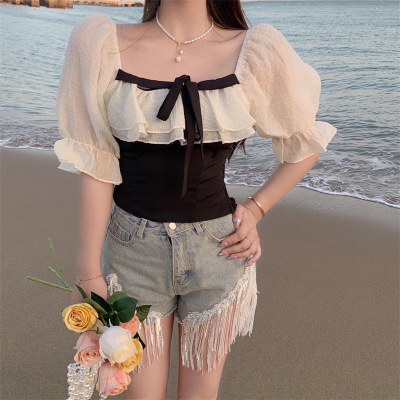 Áo Trễ Vai Tay Ngắn Cổ Vuông Thời Trang Mùa Hè Cho Nữ