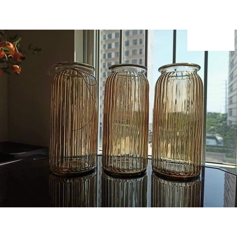 Lọ hoa thủy tinh Bình cắm hoa trụ tròn sọc dọc Trang trí Decor để bàn phòng khách sang trọng