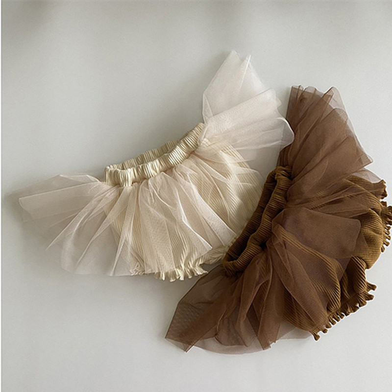 Áo thun màu trơn dài tay / quần culotte vải lưới xòe thời trang mùa thu cho bé gái