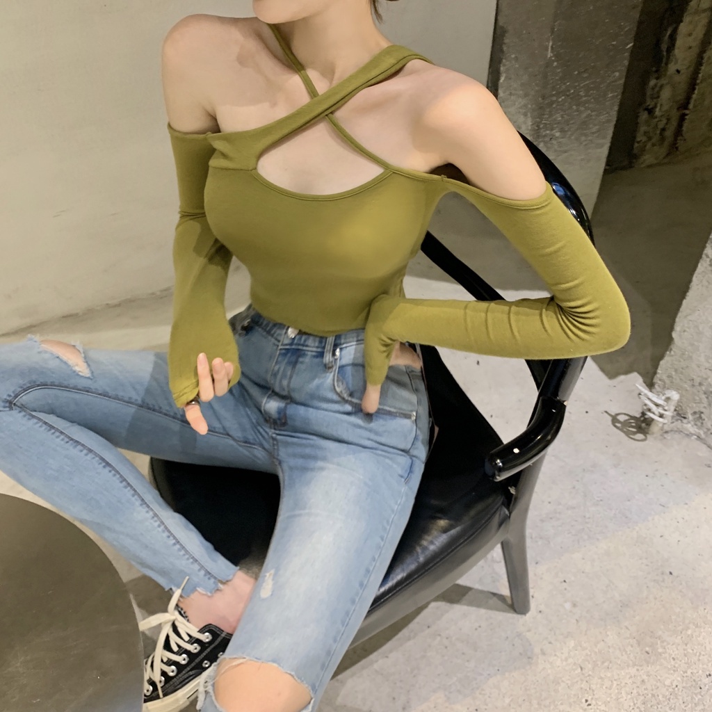 Áo thun COZOKC tay dài trễ vai dáng ôm thời trang quyến rũ cho nữ