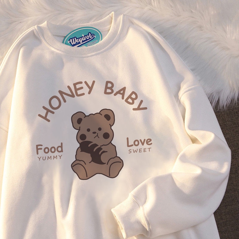 Áo sweater tay dài cổ tròn dáng rộng in họa tiết đơn giản phong cách Hàn Quốc dễ thương cho nữ