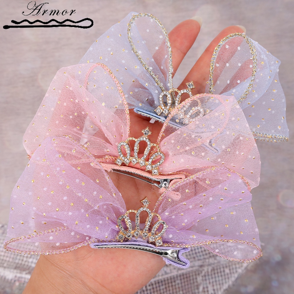 Kẹp Tóc Hình Nơ Phối Lưới Đính Đá Kiểu Vintage Ngọt Ngào Cho Bé Gái