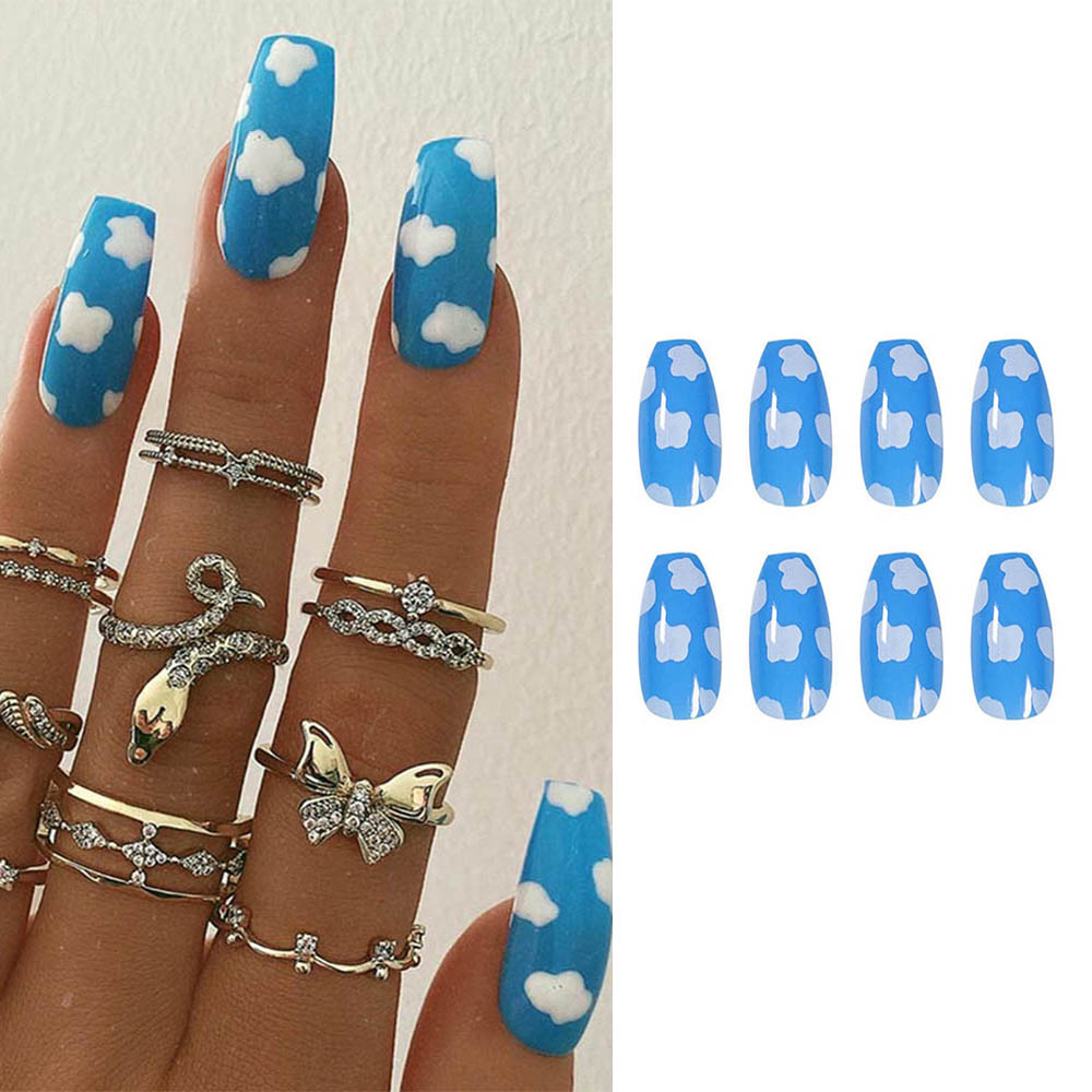 🌱FOREVER🌱 24pcs Hot Sale Fake Nails Manicure Tool Blue Sky Cloud Short Coffin False Nail Women With Press Glue Fashion Wearable Full Style
