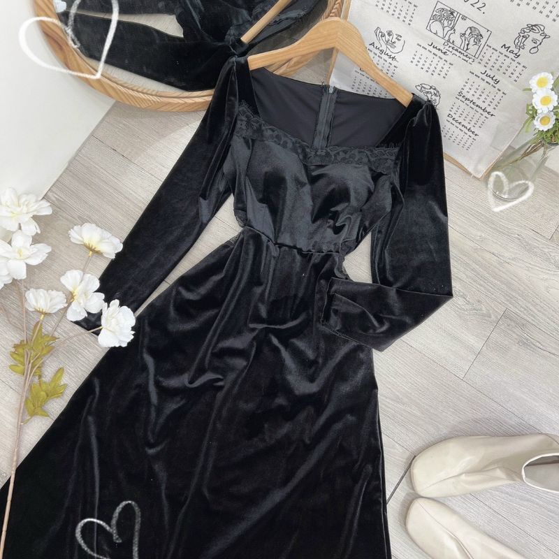 Váy Nhung Dáng Dài Viền Ren