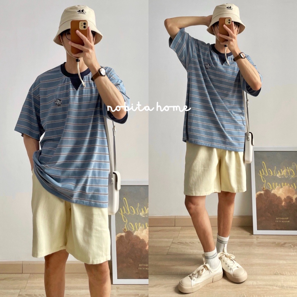 NOBITA HOME - Áo thun tay ngắn kẻ sọc thêu logo form rộng 7135