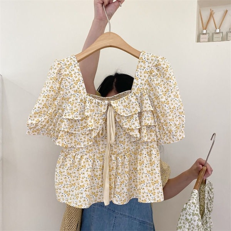 Áo Voan Tay Ngắn Cổ Vuông In Họa Tiết Hoa Nhí Xinh Xắn Thời Trang Hè Cho Nữ