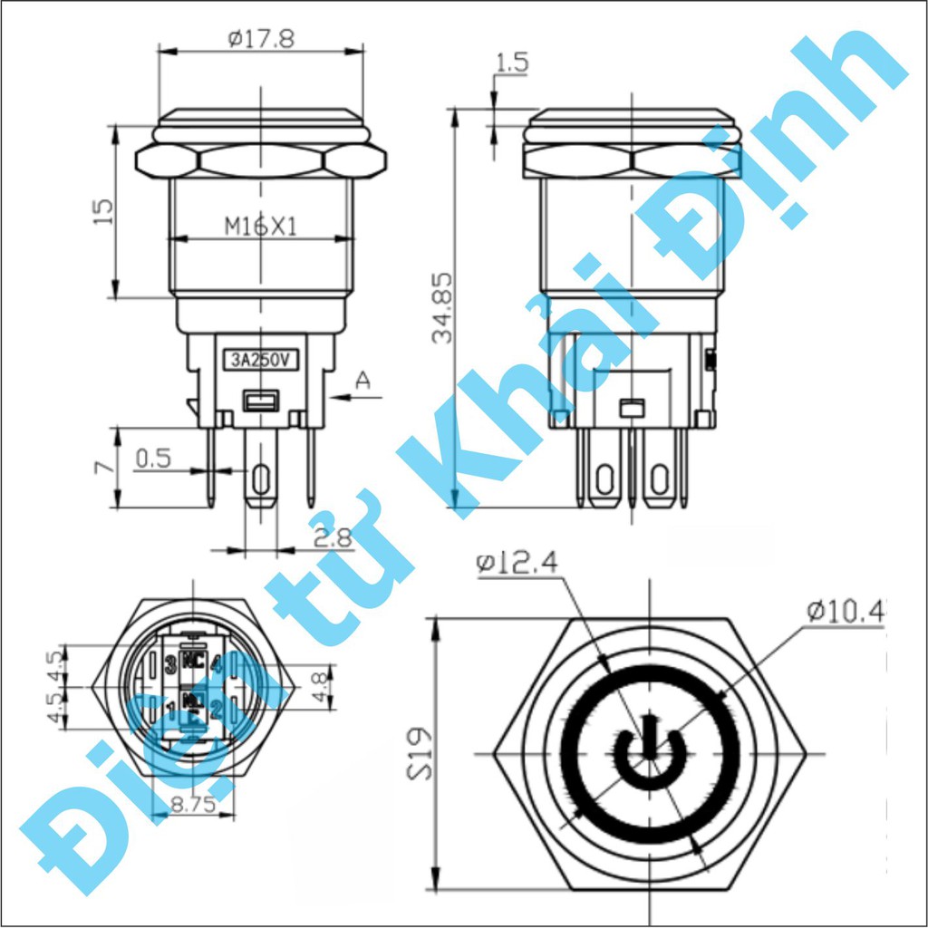 nút nhấn inox chống nước, dạng tròn khoét lỗ 16mm, nút nhấn đề, nhấn nhả GQ16 đầu lồi led vòng tròn 12-24V kde4675