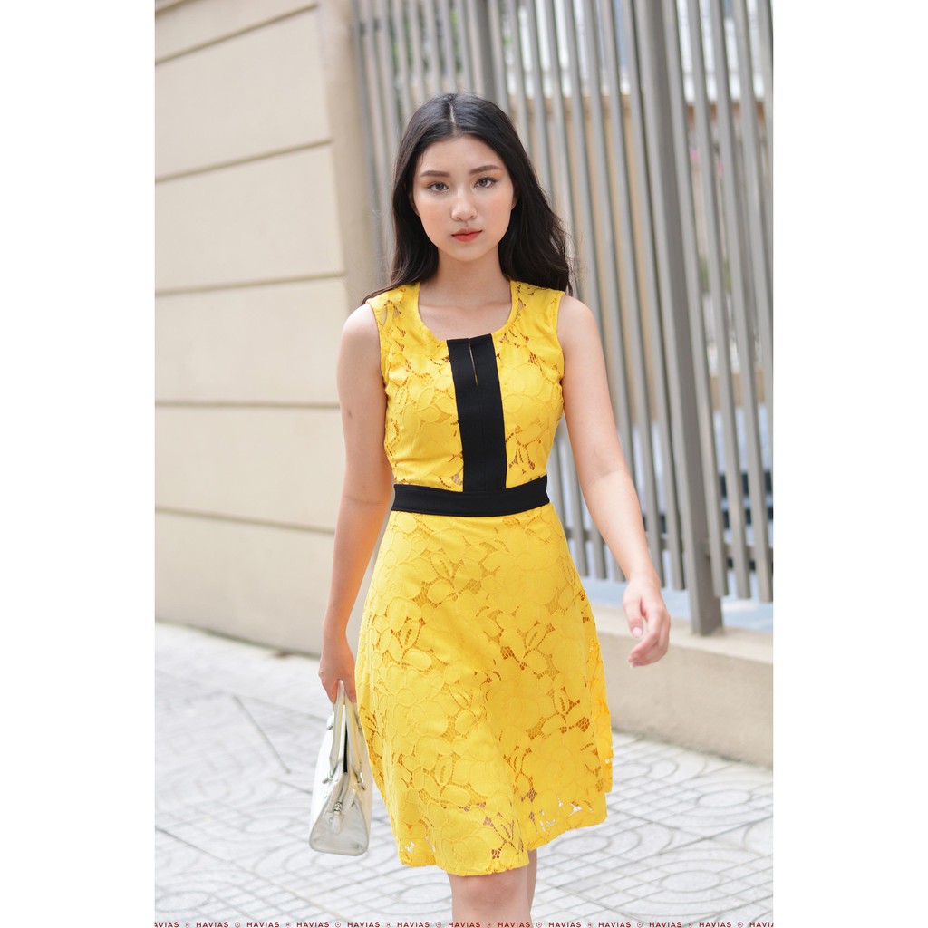 Đầm Flowering Mixed Black Yellow Sleeveless Dress HAVIAS