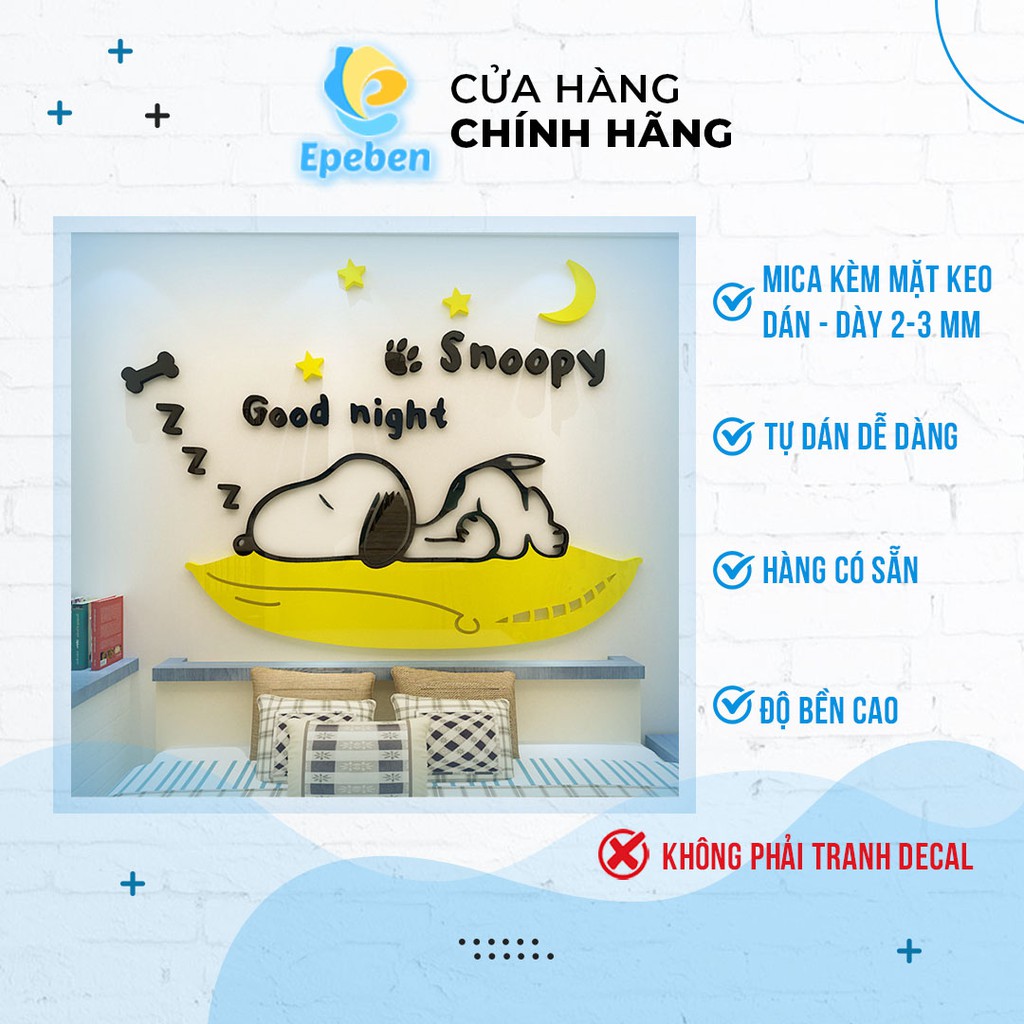 Tranh dán tường mica 3d decor khổ lớn snoopy trang trí mầm non, mẫu giáo, phòng cho bé