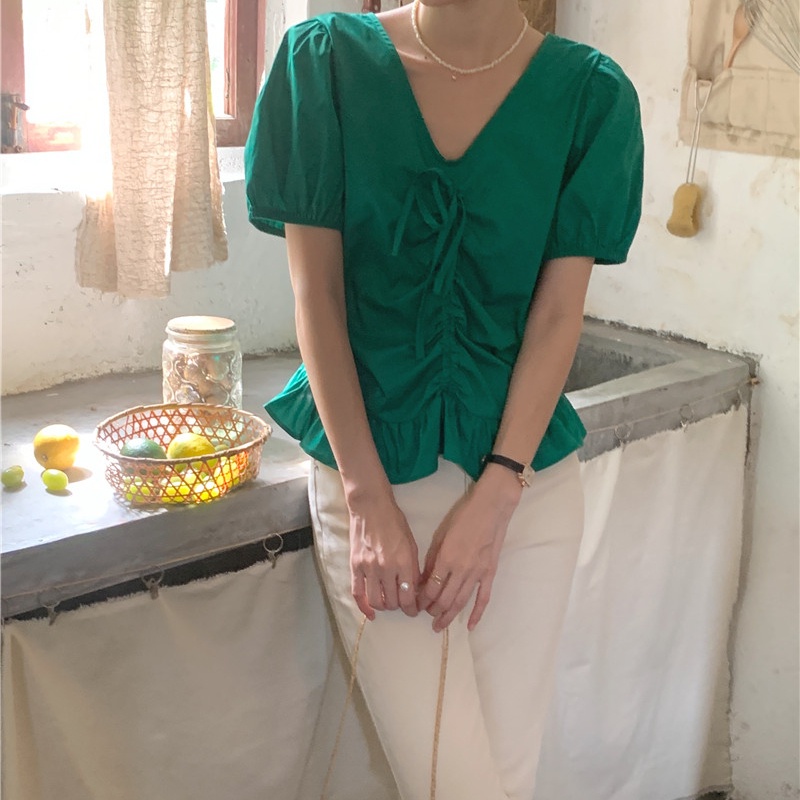 SUXI Áo Sơ Mi Tay Ngắn Cổ Chữ V Màu Sắc Đơn Giản Phối Dây Rút Thời Trang Hàn Quốc Cho Nữ