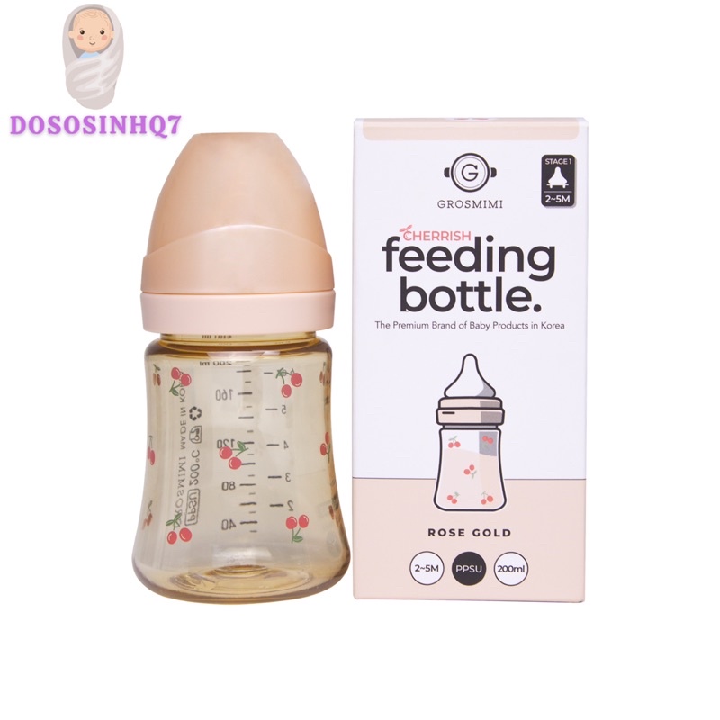 Bình sữa Grosmimi PPSU Cherrish 200ml - Hàng chính hãng