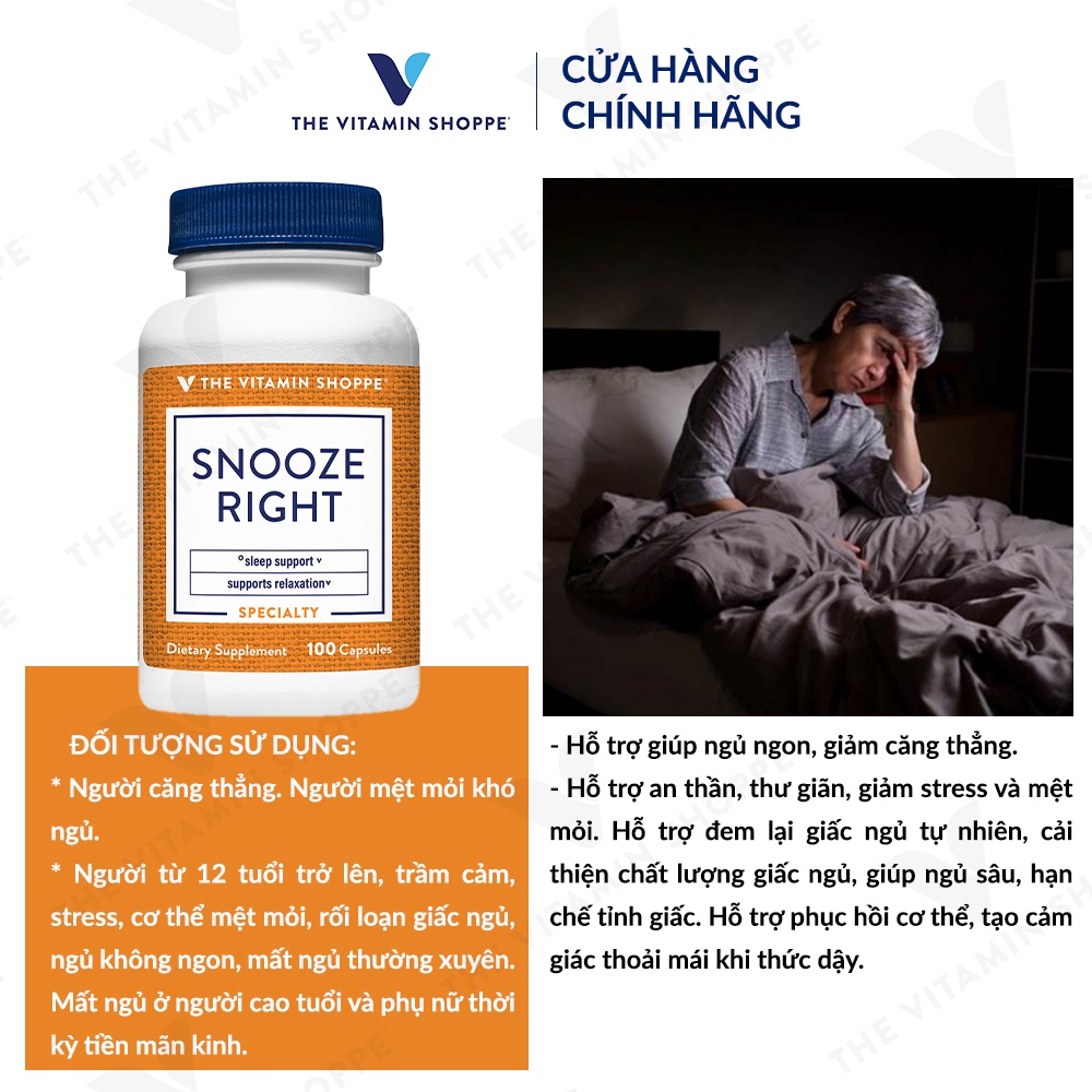 Viên uống hỗ trợ ngủ ngon từ thảo dược THE VITAMIN SHOPPE Snooze Right 100 viên