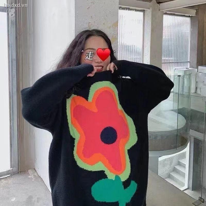 Áo len dệt kim cổ tròn dáng rộng dài trung bình họa tiết hoa thời trang thu đông mới 2021