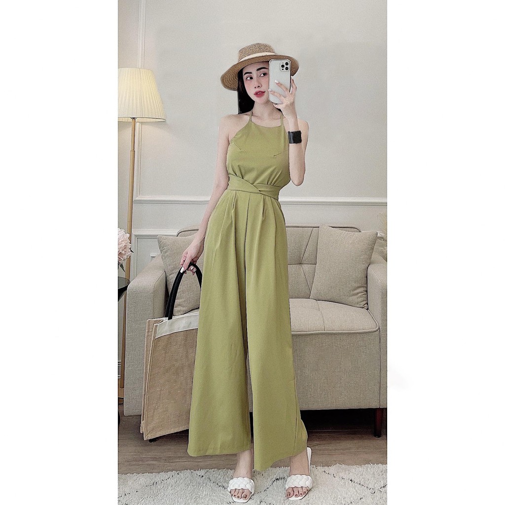 Jump dài cổ yếm đắp eo 2 túi bên ống suông dây kéo lưng dây thắt nơ sau lưng 0JUMD.00040