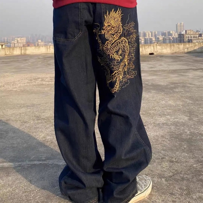 Quần jeans ống rộng thêu hình rồng phong cách Harajuku cá tính cho nữ